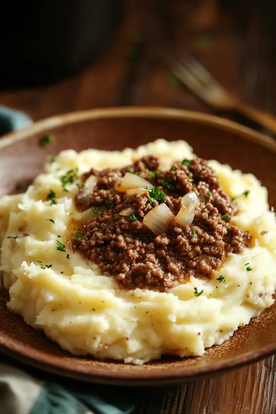 Close-up of a ground beef dinner with mashed potatoes on a white plate.