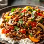 Close-up of ground beef dish with bright lighting and clean background, gluten free