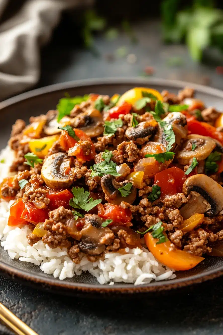 Close-up of ground beef dish with bright lighting and clean background, gluten free