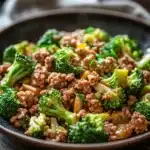 Close-up of ground turkey and broccoli for dinner with creamy sauce