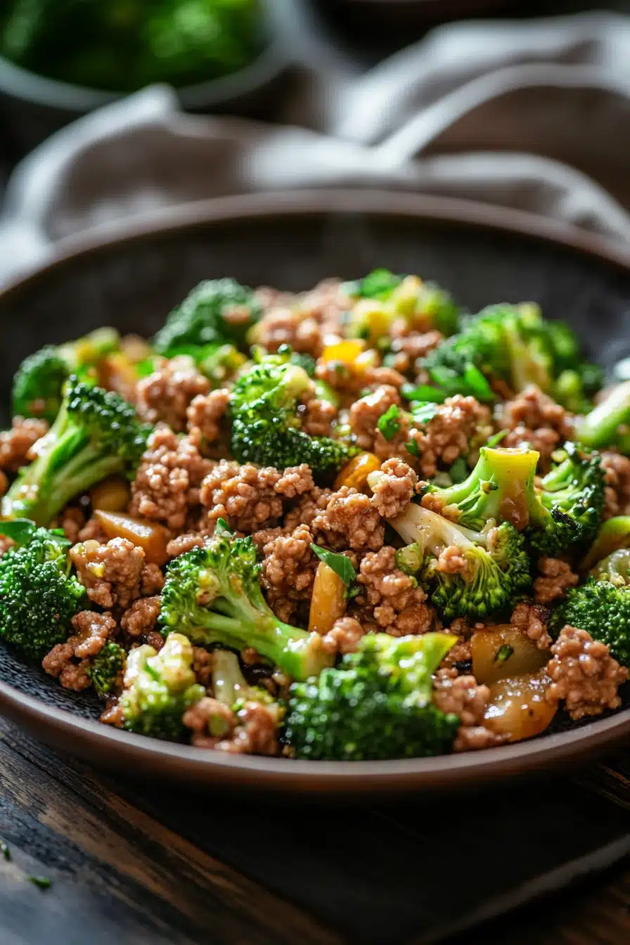 Close-up of ground turkey and broccoli for dinner with creamy sauce
