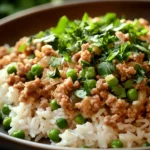 Close-up of a delicious ground turkey and rice dish with vibrant colors and appealing presentation.
