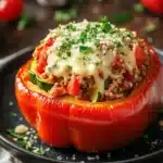 Close-up of low carb stuffed peppers with ground turkey, topped with herbs