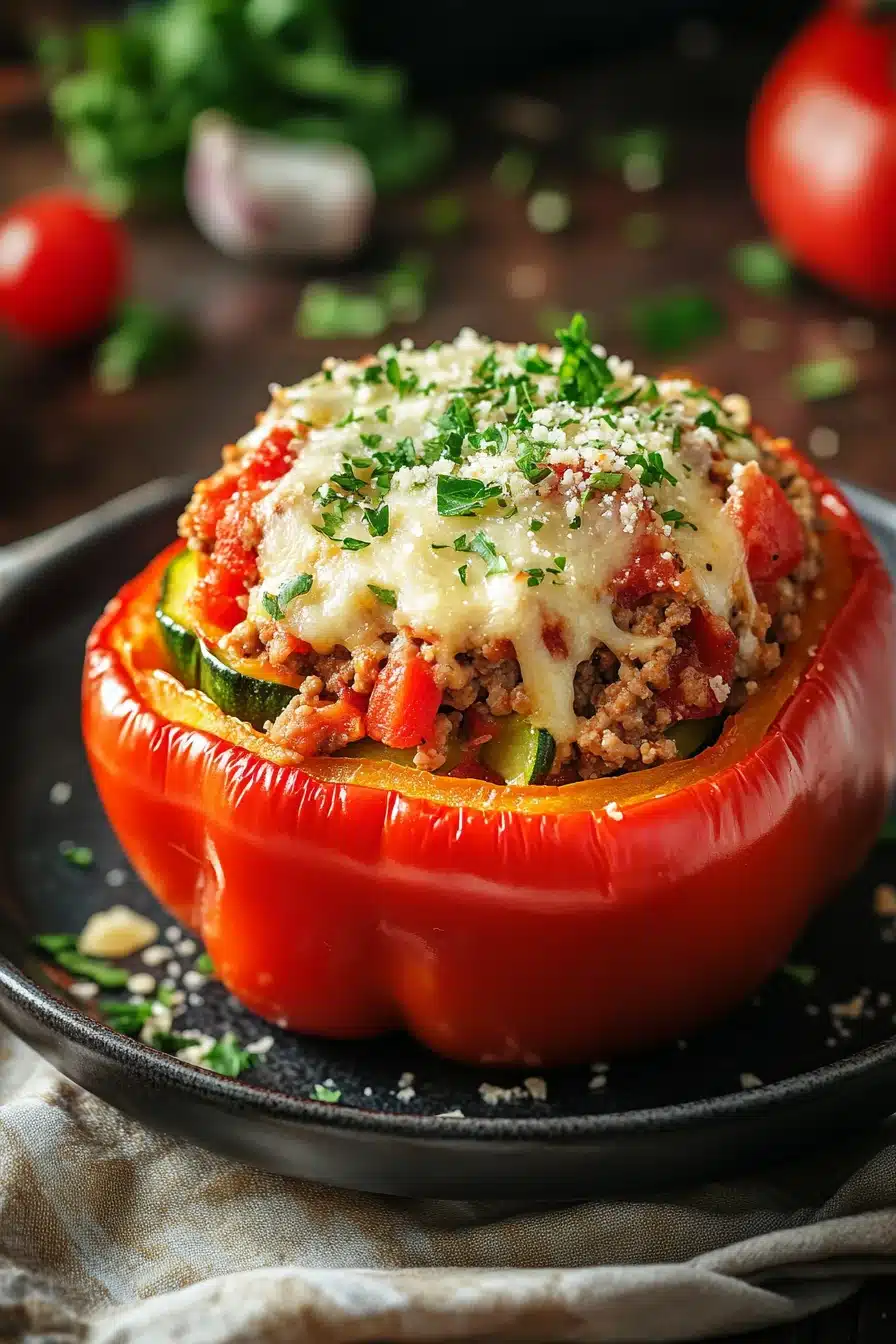 Close-up of low carb stuffed peppers with ground turkey, topped with herbs