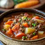 Close-up of a hearty ground beef crockpot dish with rich textures and warm lighting.