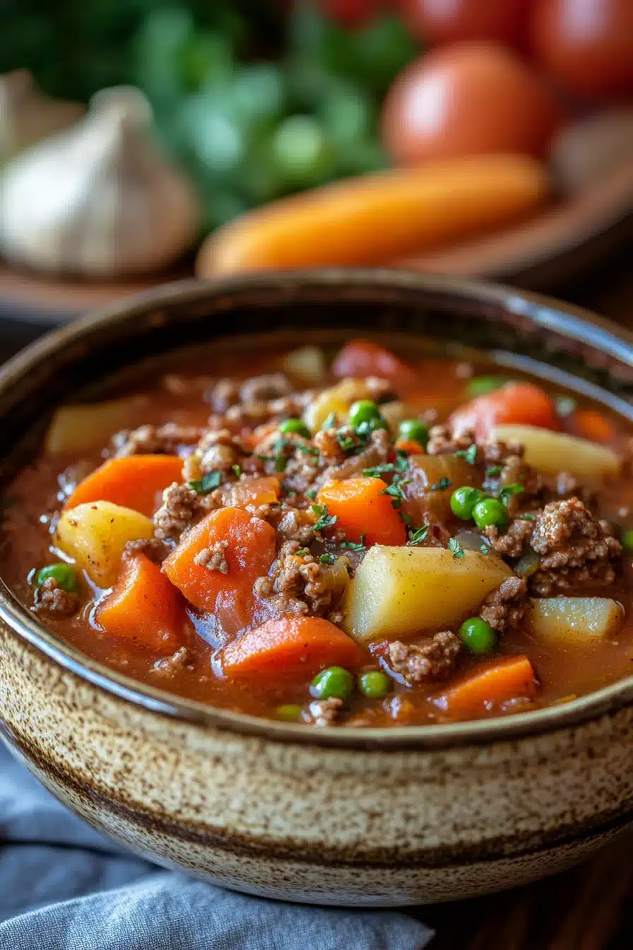 Close-up of a hearty ground beef crockpot dish with rich textures and warm lighting.