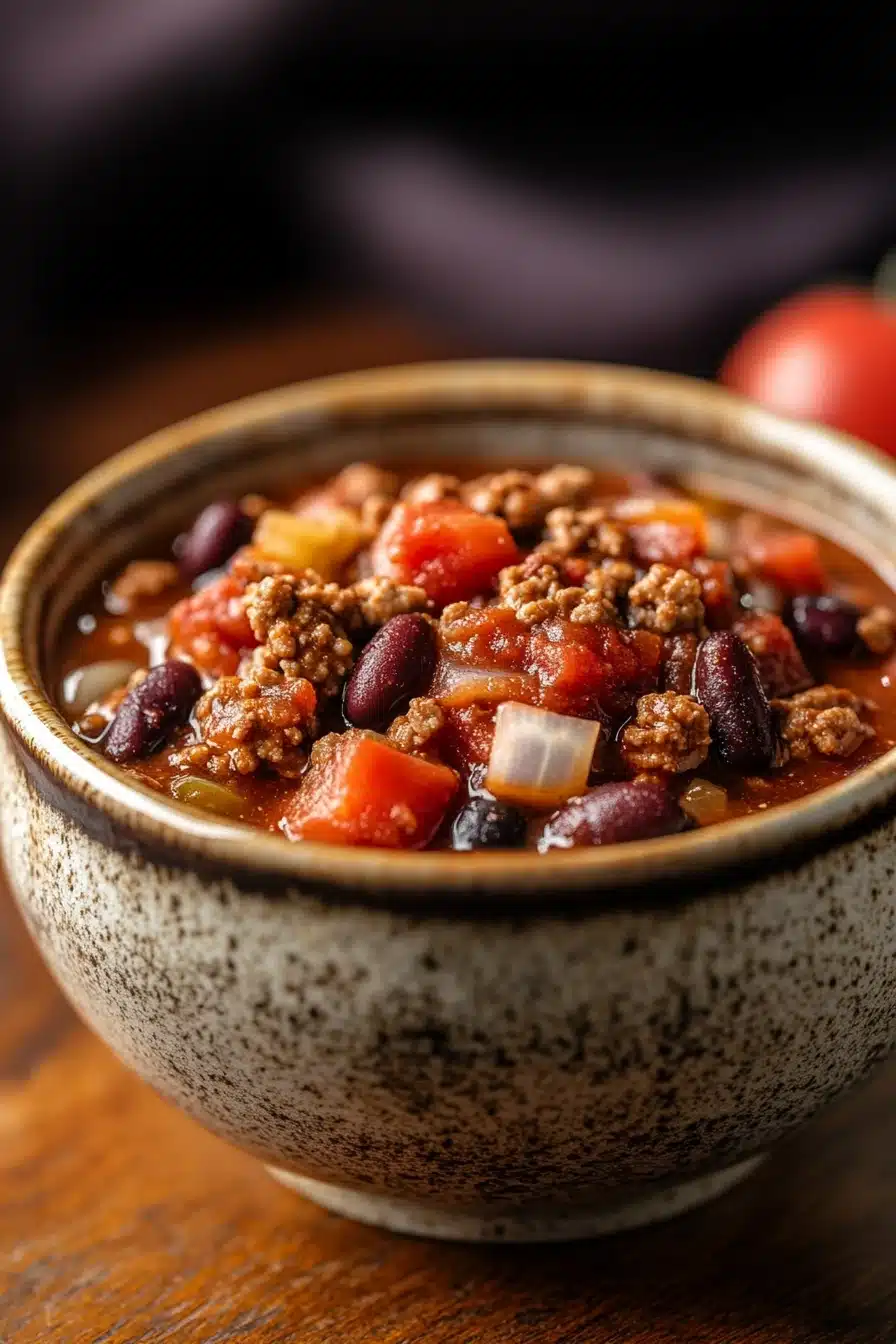 Close-up of a hearty slow cooker chili by Sarah DiGregorio with beans and spices.
