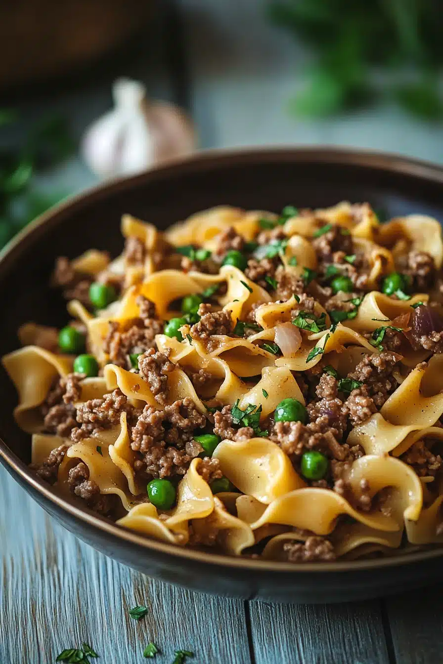 Close-up of high protein beef and noodles with a clean background