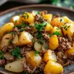 Close-up of a high protein beef and potatoes dish with bright lighting and clean background.