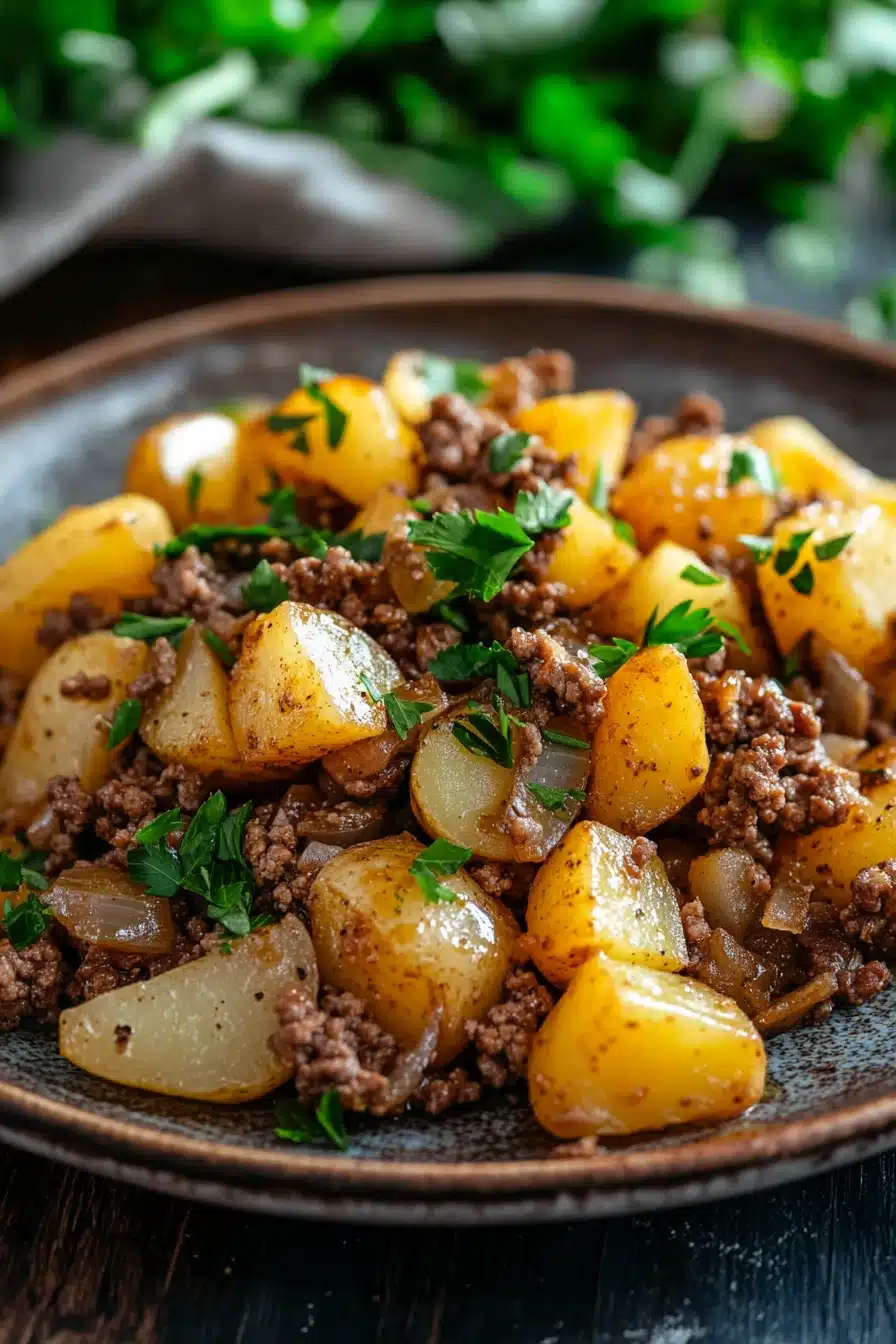 Close-up of a high protein beef and potatoes dish with bright lighting and clean background.