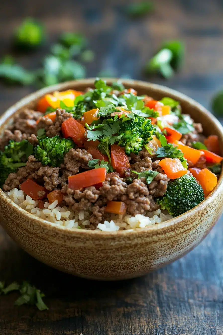 Close-up of a high protein beef and rice bowl with vibrant colors and fresh ingredients.