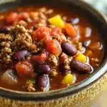 Close-up of a hearty beef chili in a crock pot with visible beans and beef chunks.