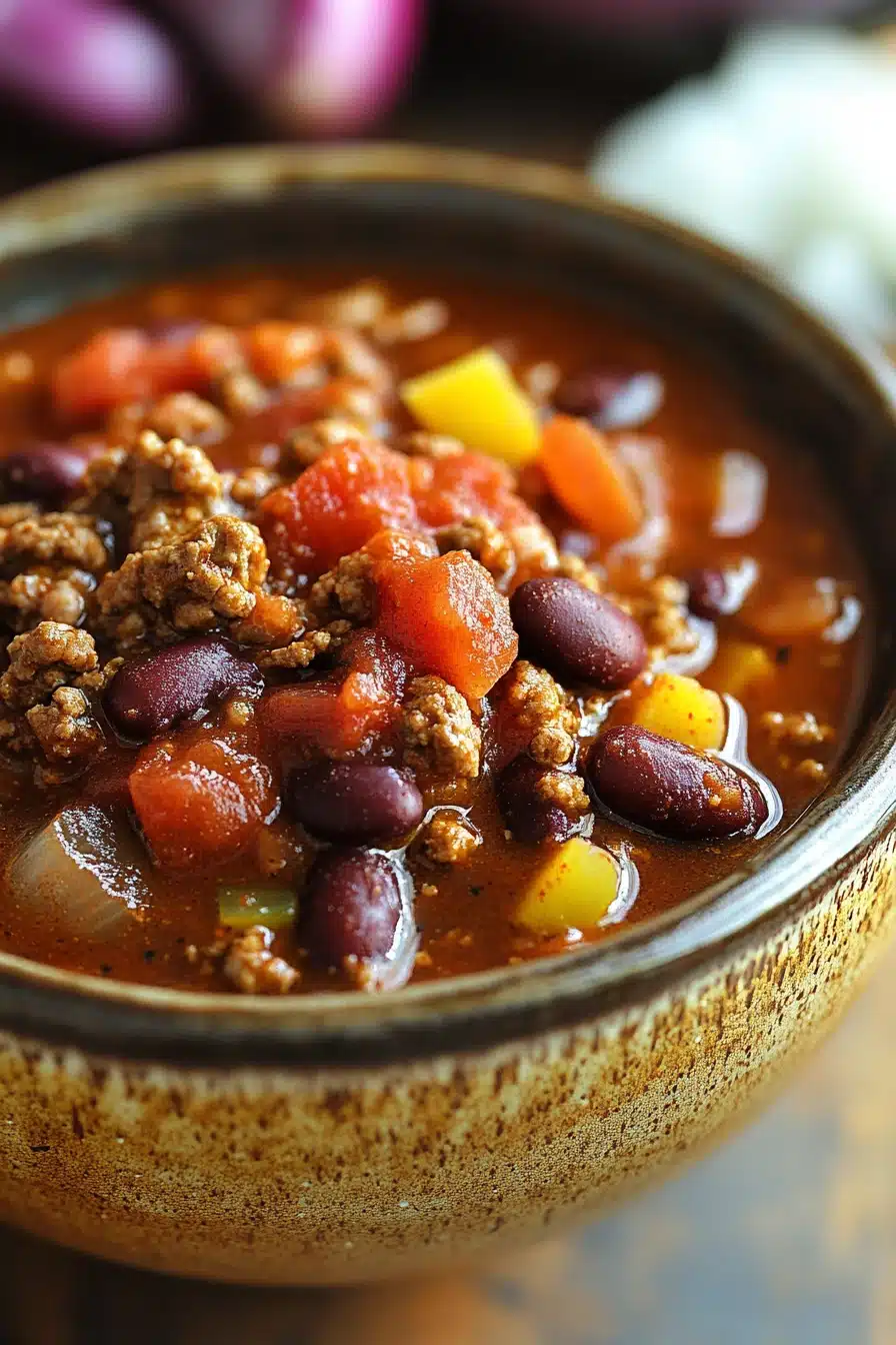 Close-up of a hearty beef chili in a crock pot with visible beans and beef chunks.