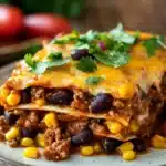 Close-up of a high protein beef enchilada casserole with melted cheese and rich sauce