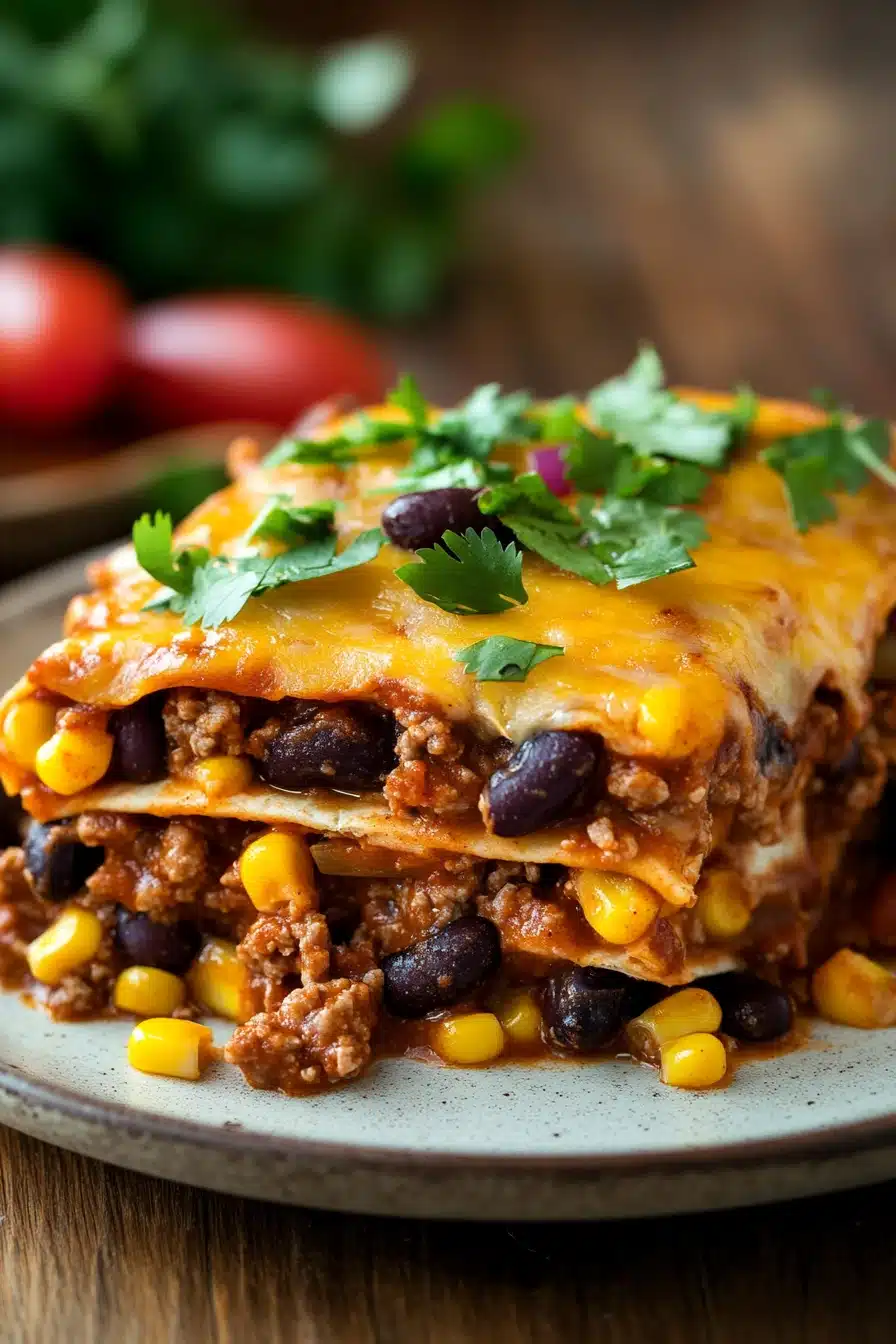 Close-up of a high protein beef enchilada casserole with melted cheese and rich sauce
