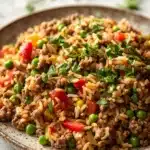 Close-up of a high protein beef rice dish with bright lighting and minimal background.