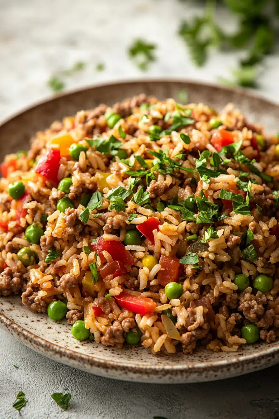 Close-up of a high protein beef rice dish with bright lighting and minimal background.