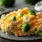 Close-up of a high protein chicken and rice casserole with golden crust and herbs