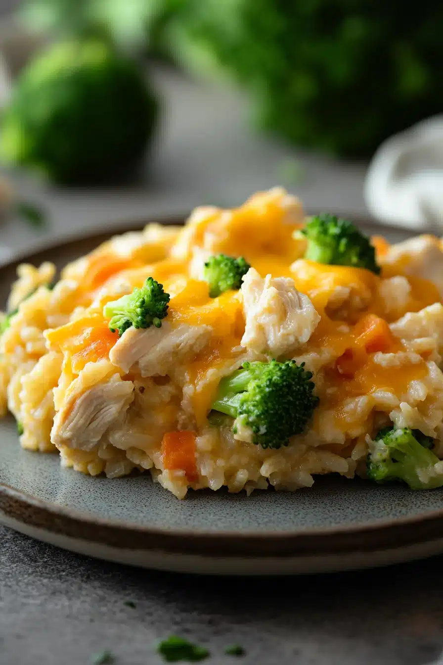 Close-up of a high protein chicken and rice casserole with golden crust and herbs