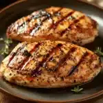 Close-up of a high protein chicken breast dish with bright, natural lighting