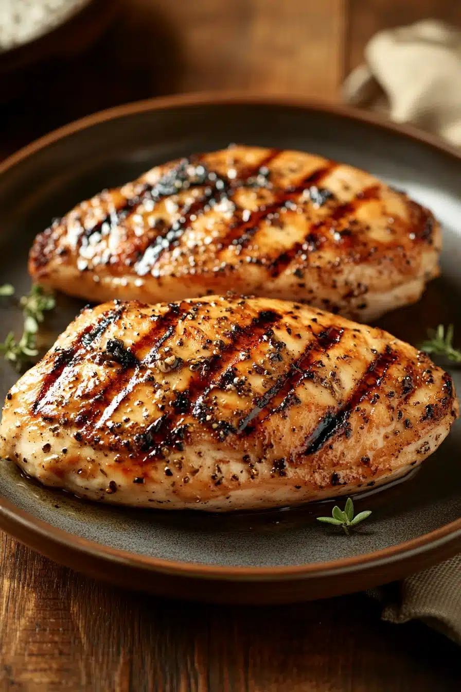 Close-up of a high protein chicken breast dish with bright, natural lighting