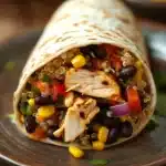 Close-up of a high protein chicken burrito with fresh ingredients and a creamy sauce