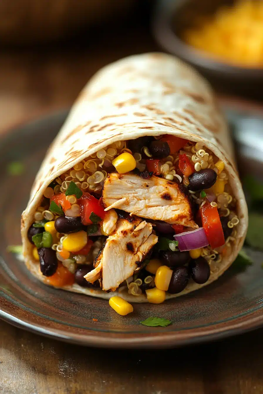 Close-up of a high protein chicken burrito with fresh ingredients and a creamy sauce