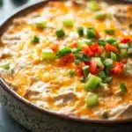 Close-up of a creamy high protein chicken dip with herbs in a white bowl