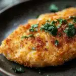 Close-up of high protein chicken katsu with crispy breading and a side of greens.