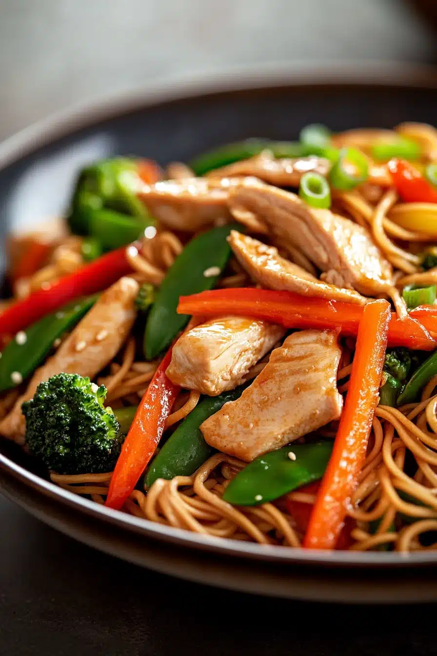 Close-up of high protein chicken lo mein with vegetables in a bright setting