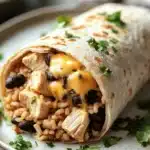 Close-up of a high protein chicken queso burrito with melted cheese and grilled chicken