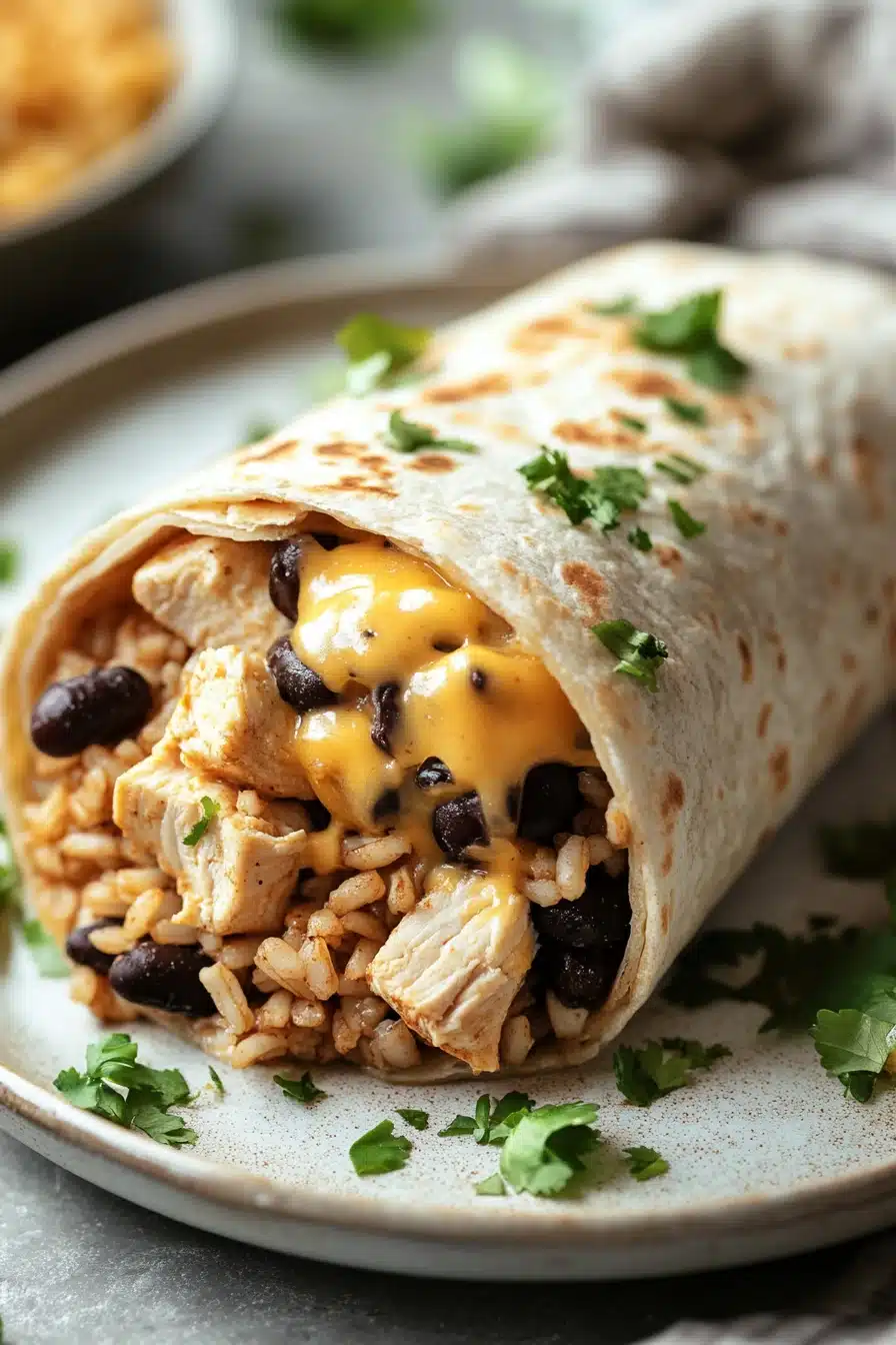 Close-up of a high protein chicken queso burrito with melted cheese and grilled chicken