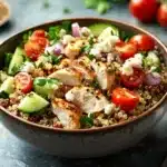 Close-up of a high protein chicken quinoa salad with fresh vegetables and herbs.