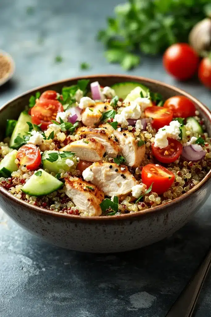 Close-up of a high protein chicken quinoa salad with fresh vegetables and herbs.