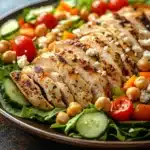 Close-up of a colorful high protein chicken veggie salad with fresh greens and vibrant vegetables.
