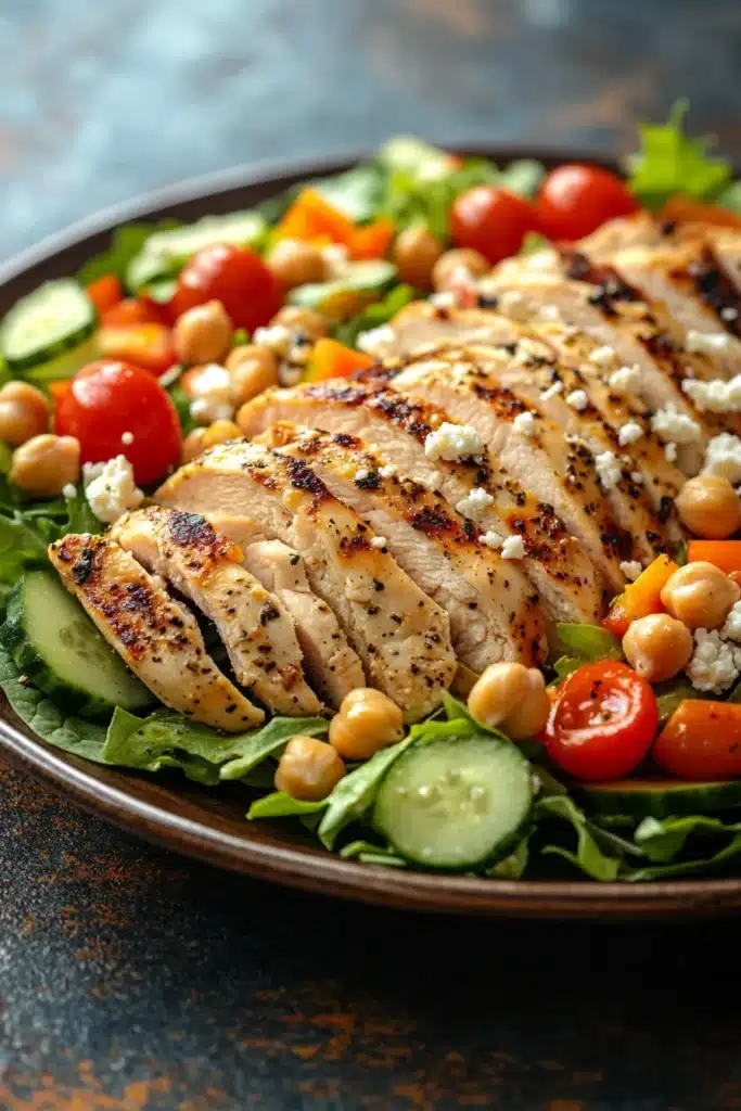 Close-up of a colorful high protein chicken veggie salad with fresh greens and vibrant vegetables.