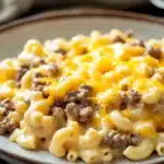 Close-up of creamy mac n cheese with melted cheese and pasta in a white bowl