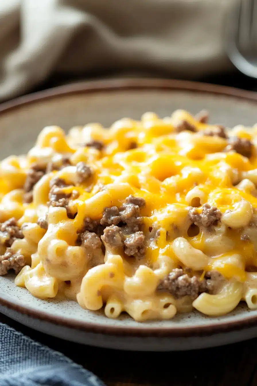 Close-up of creamy mac n cheese with melted cheese and pasta in a white bowl