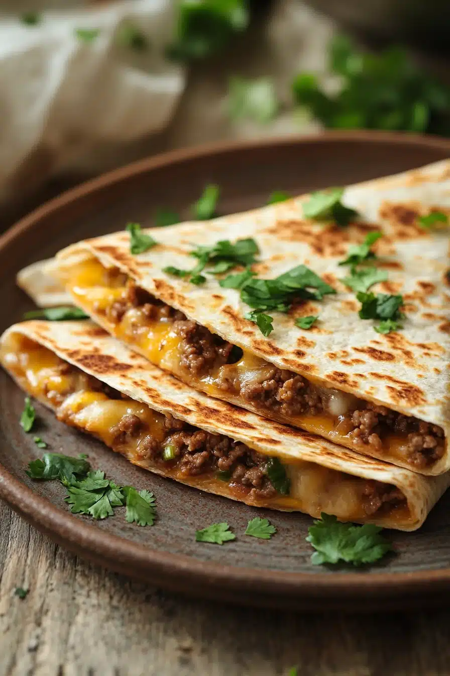 Close-up of a high protein ground beef quesadilla with melted cheese