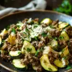 Close-up of a high protein ground beef zucchini dish with vibrant colors and textures