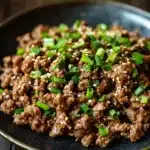 Close-up of a high protein Korean beef dish with vibrant colors and textures.
