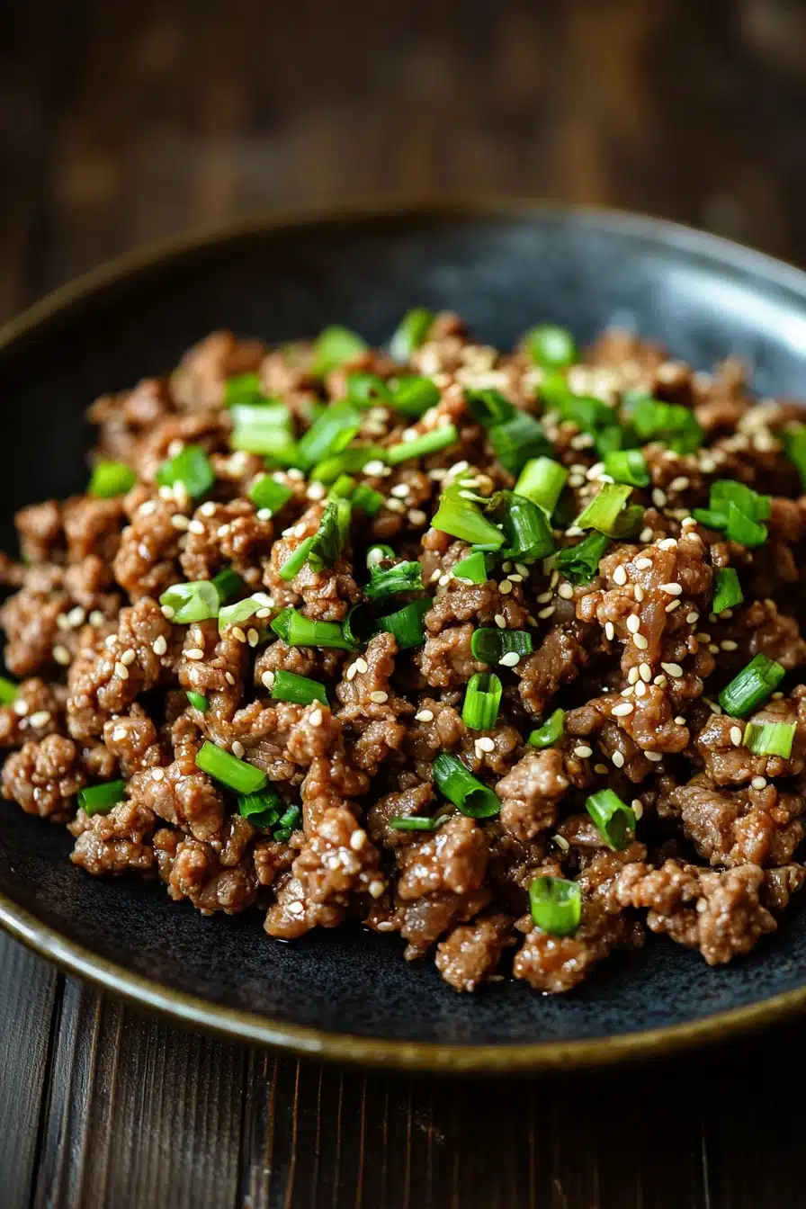 Close-up of a high protein Korean beef dish with vibrant colors and textures.