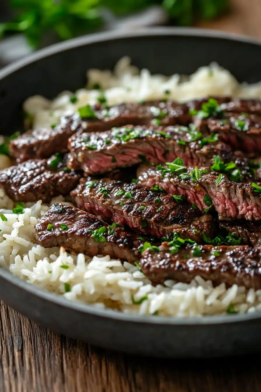 Close-up of honey butter garlic steak and rice skillet with herbs and garlic.