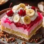 Close-up of a jello banana split cake with layers of jello, banana, and cream.