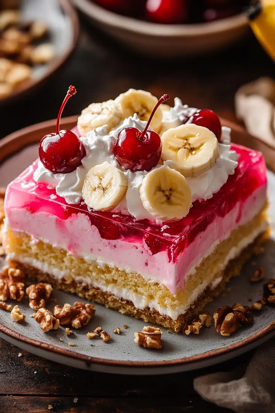 Close-up of a jello banana split cake with layers of jello, banana, and cream.