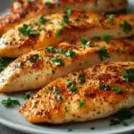 Close-up of juicy chicken breast tenders with a golden crust on a clean white plate.