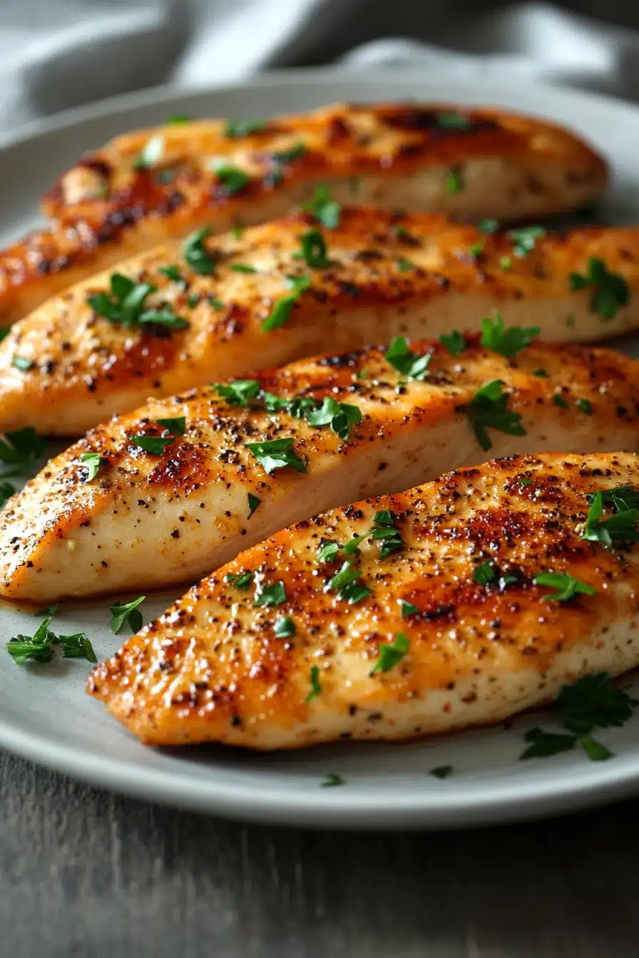 Close-up of juicy chicken breast tenders with a golden crust on a clean white plate.