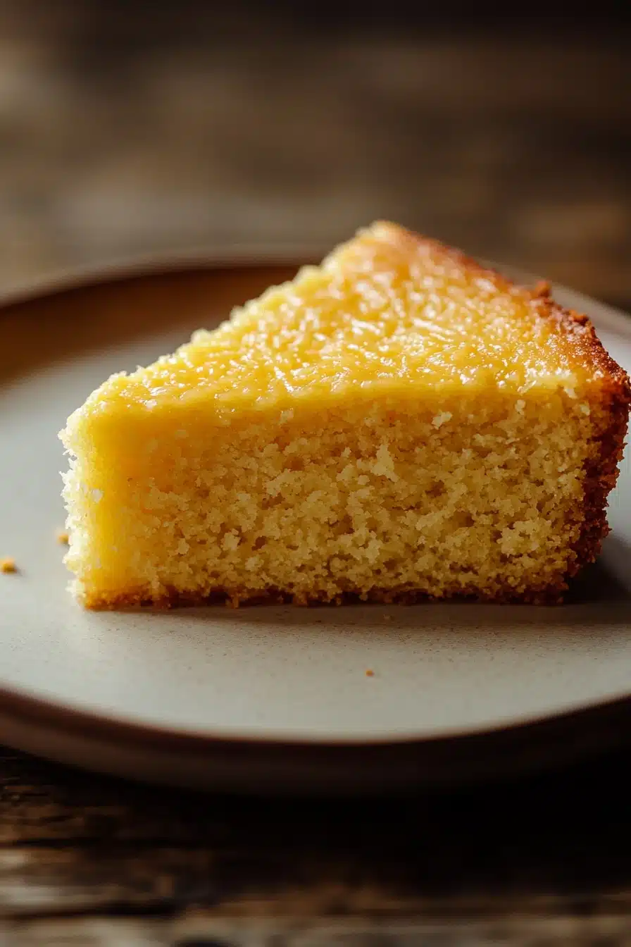 Close-up of a Kentucky vanilla butter cake with a creamy texture and golden crust.