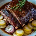 Close-up of keto beef short ribs in a crock pot with a savory sauce.