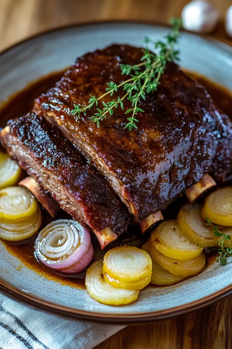 Close-up of keto beef short ribs in a crock pot with a savory sauce.